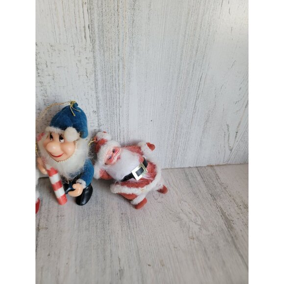 Vintage flocked Santa Claus elf ornament Xmas set unique - Picture 4 of 7